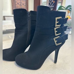 Madeline Girl Black Suede Heel Platforms with Gold Buckle Booties size 6.5